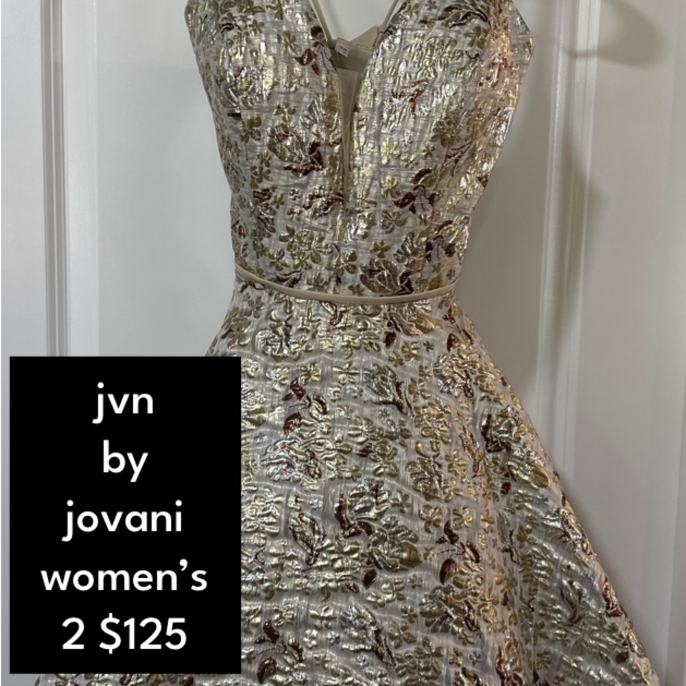 JVN by Jovani Metallic Gold and Cream Prom Dress